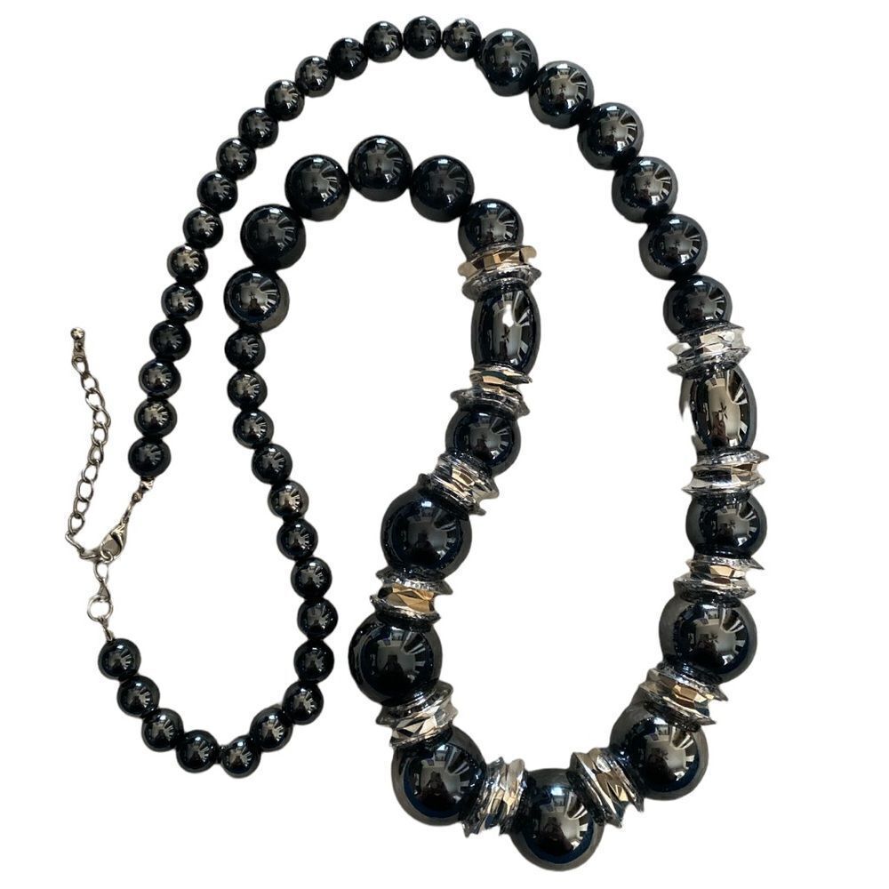 Chunky Metallic Black/Gray and Silver Acrylic Bead Statement Necklace
